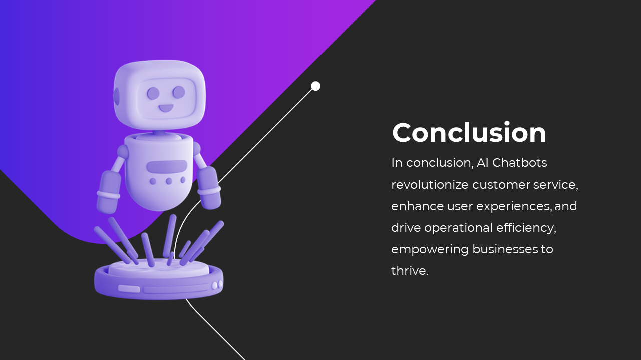 Slide with a 3D purple AI chatbot hovering on a dark and purple background with a white line leading to a conclusion text.