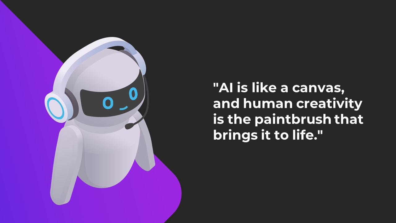 Slide shows a cute AI robot with a headset on a dark background with a purple curved corner and text on right.