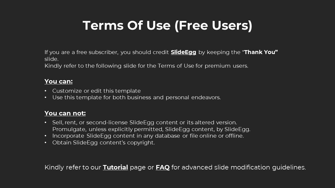 Dark background with a bold white heading at the center top, two bullet lists with subheadings, and text below.