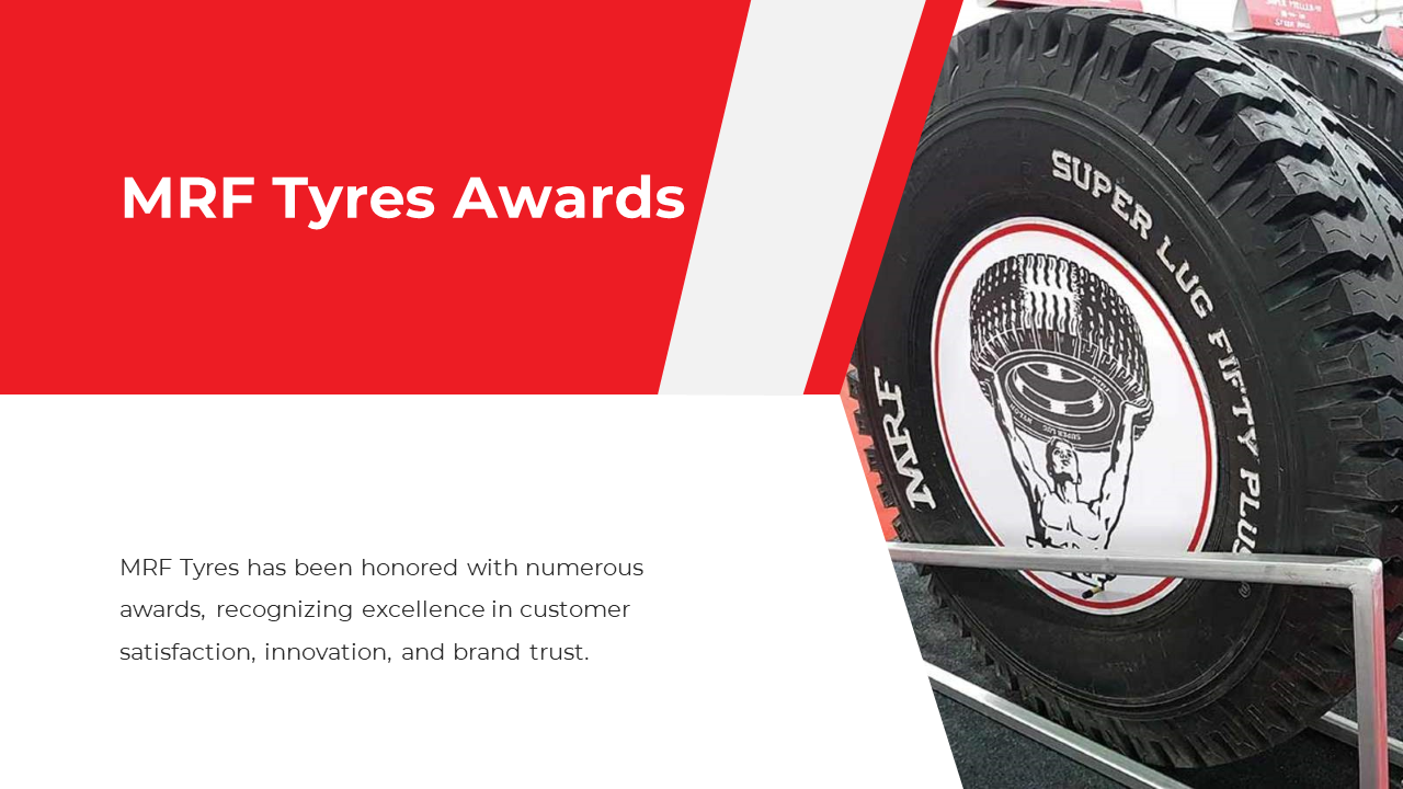 Slide features a large black tire with a logo on the right, and a bold red and white layout on the left side.