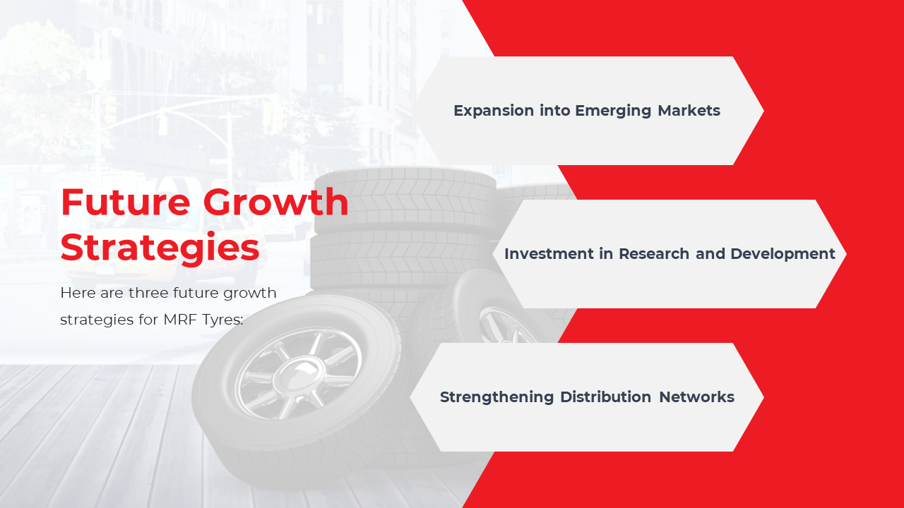 Slide shows stacked grey tyres on a wooden floor with red angular shapes framing three white hexagonal banners.