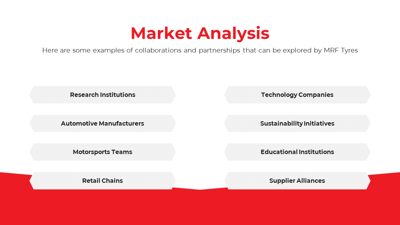 Slide shows a white background with red accents, featuring eight light gray hexagonal boxes arranged in two columns.