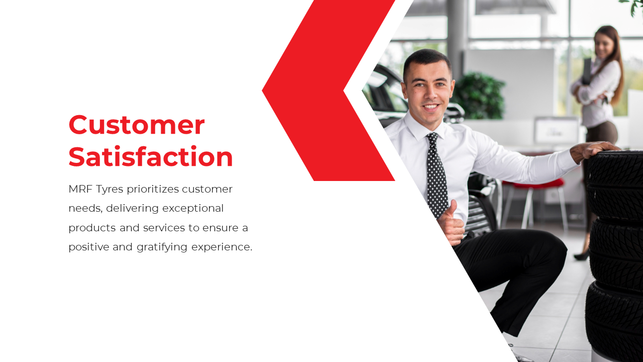 Slide shows a smiling man in a white shirt sitting by stacked black tires, with a bold red arrow dividing the layout.