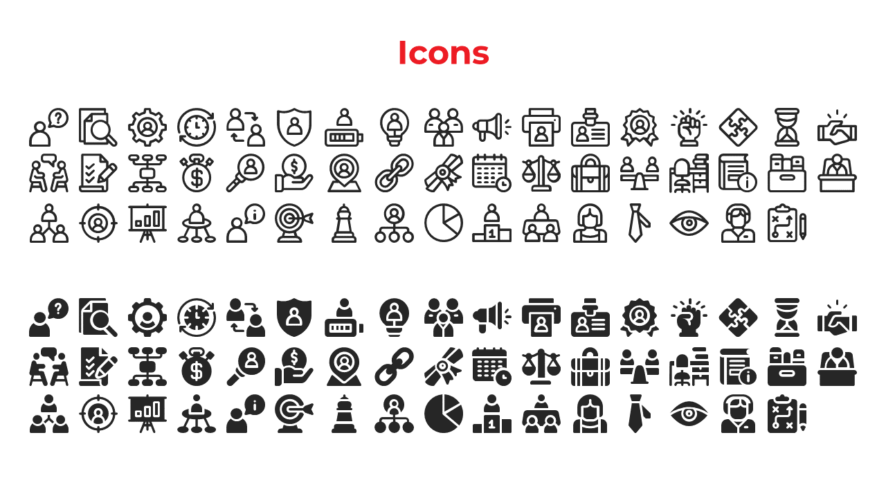 White background with a red heading at the top, followed by two horizontal rows of black outlined and filled icons.