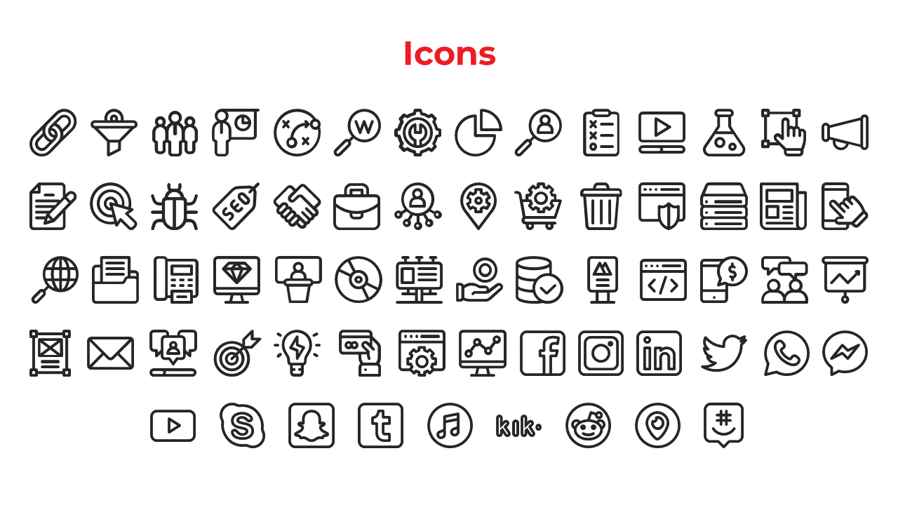 White background with a centered red heading and multiple rows of small black outlined icons aligned horizontally.