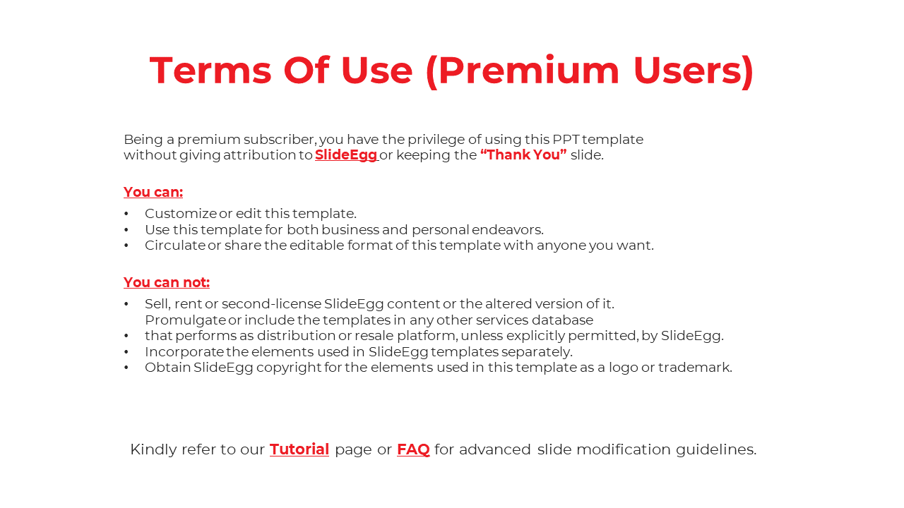 White background with a large red heading centered at the top, followed by bullet points grouped in two sections.
