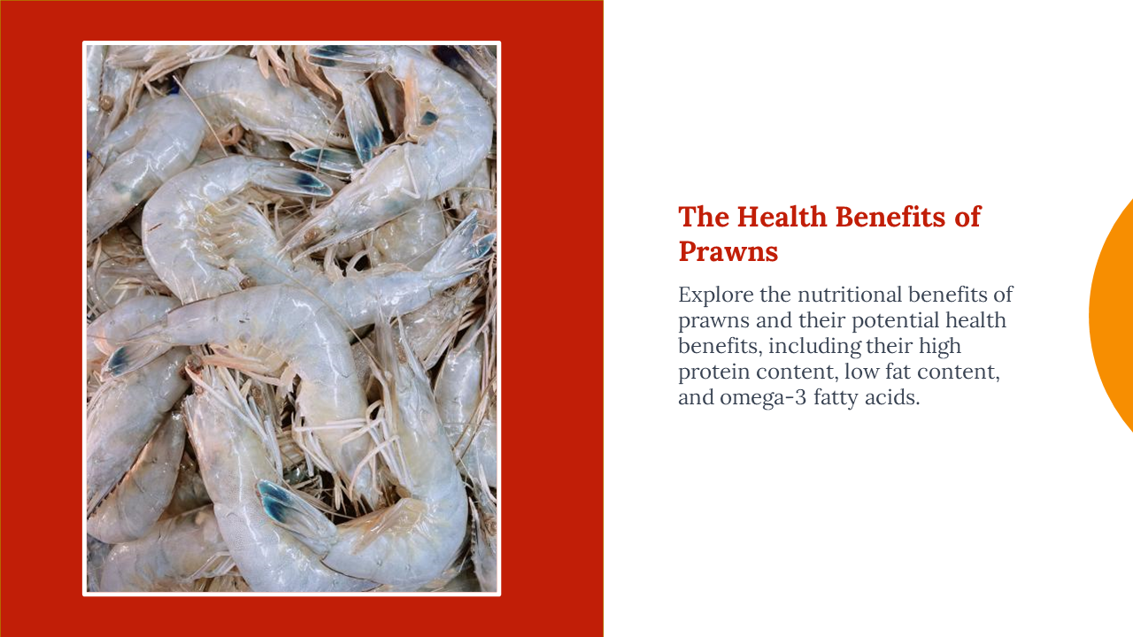 Slide shows a white background with a large red block featuring a vertical photo of raw prawns and text on the right.