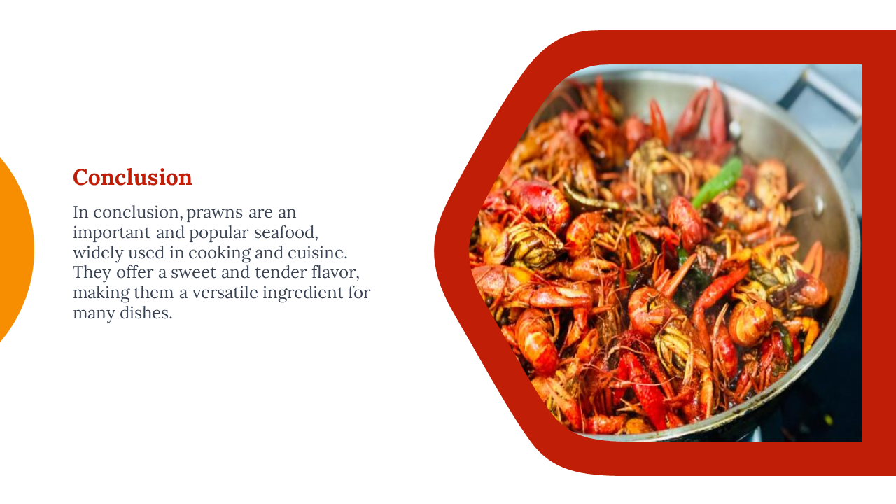 Slide with orange and red curved shapes, text on the left, and a photo of prawns in a pan on the right.