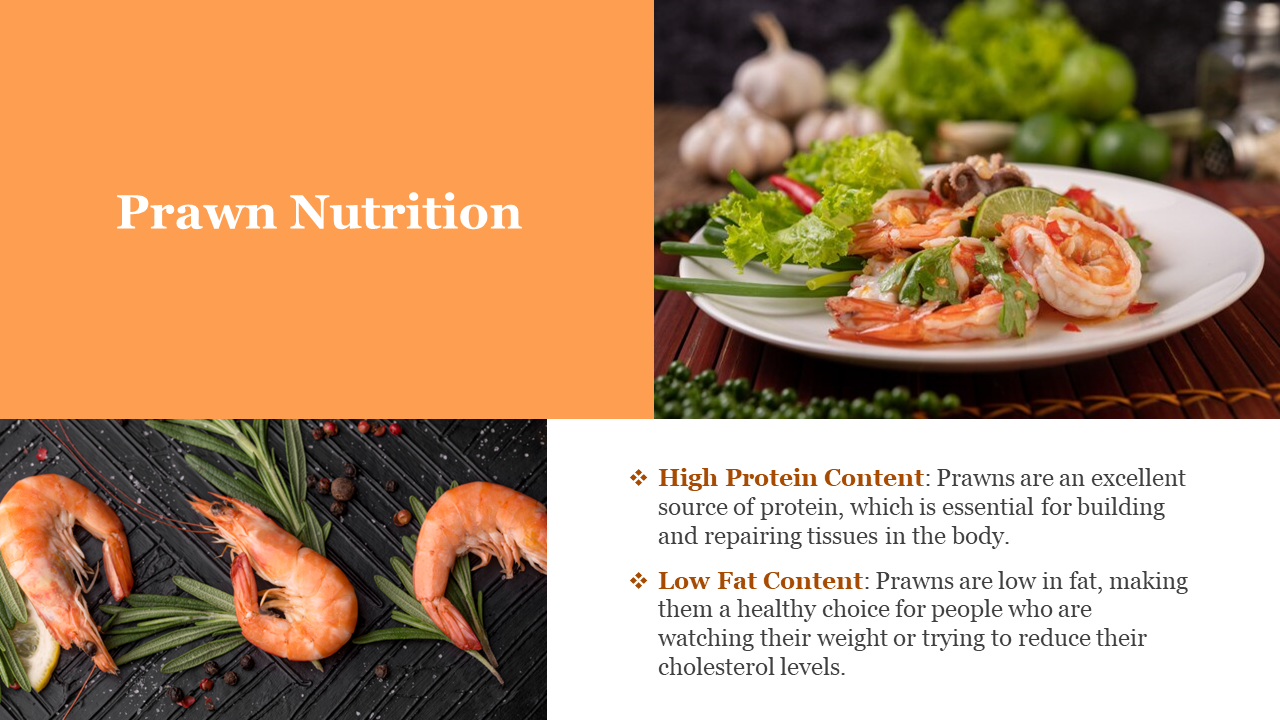 Split slide with an orange block on the top left, two prawn dish photos, and brown text on the lower right.