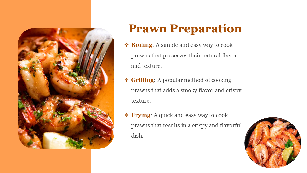 Slide with a large orange side panel, featuring a rectangular prawn dish taken by a fork, and a round photo at bottom.