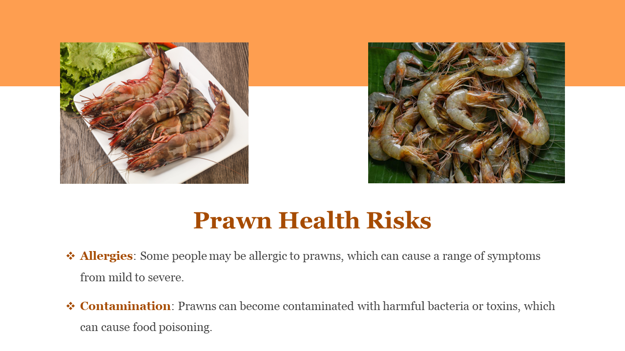 Slide with an orange header, two rectangular prawn photos side by side at the middle, and centered brown text below.