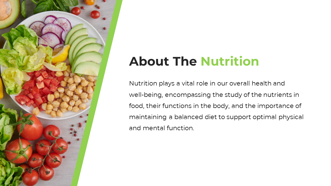 Green and white slide featuring a fresh salad with tomatoes, lettuce, chickpeas, and avocado, representing healthy nutrition.