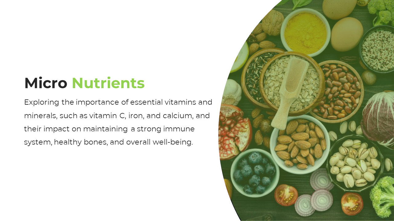 Green tinted circular image of healthy foods like almonds, seeds, and vegetables, representing micronutrients.