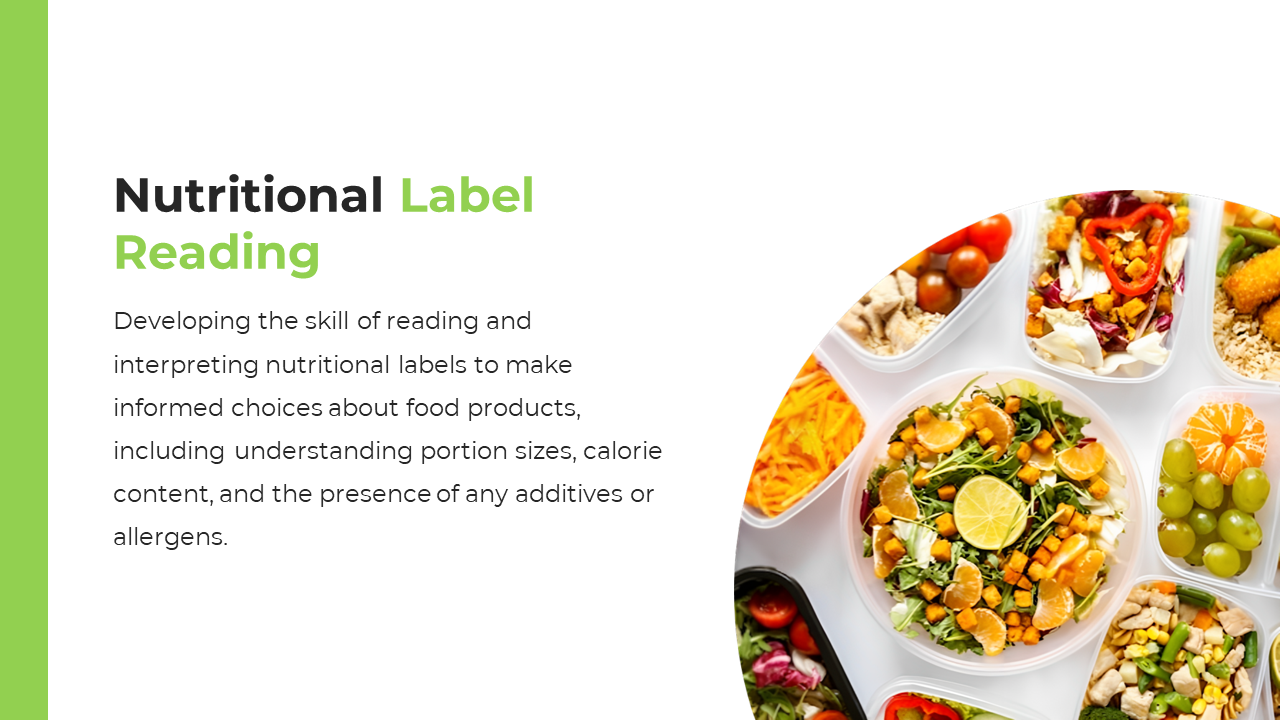 Green bordered slide with a variety of colorful meals in clear containers, including salads, fruits, and vegetables.