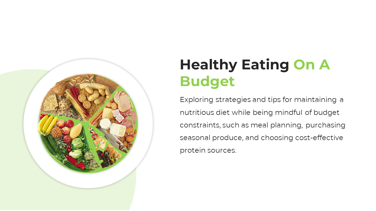 Slide featuring a circular food arrangement, divided into sections with groups like grains, vegetables, and proteins.