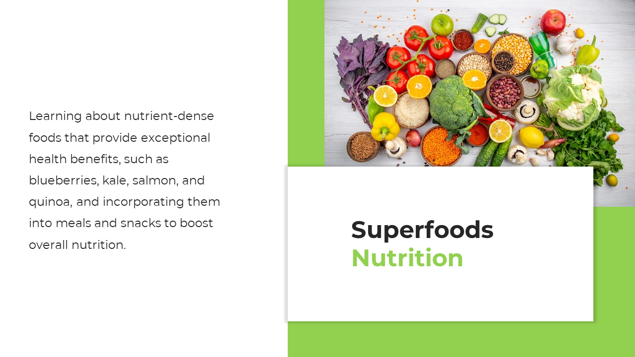 Bright green and white layout with a photo of colorful vegetables and fruits, arranged in rectangular patterns.