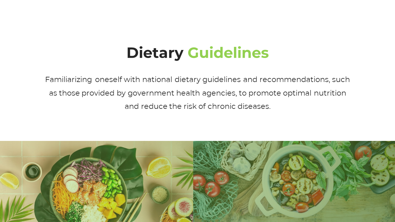 Slide with white background featuring title and text, and a colorful bottom green tinted strip with food images.
