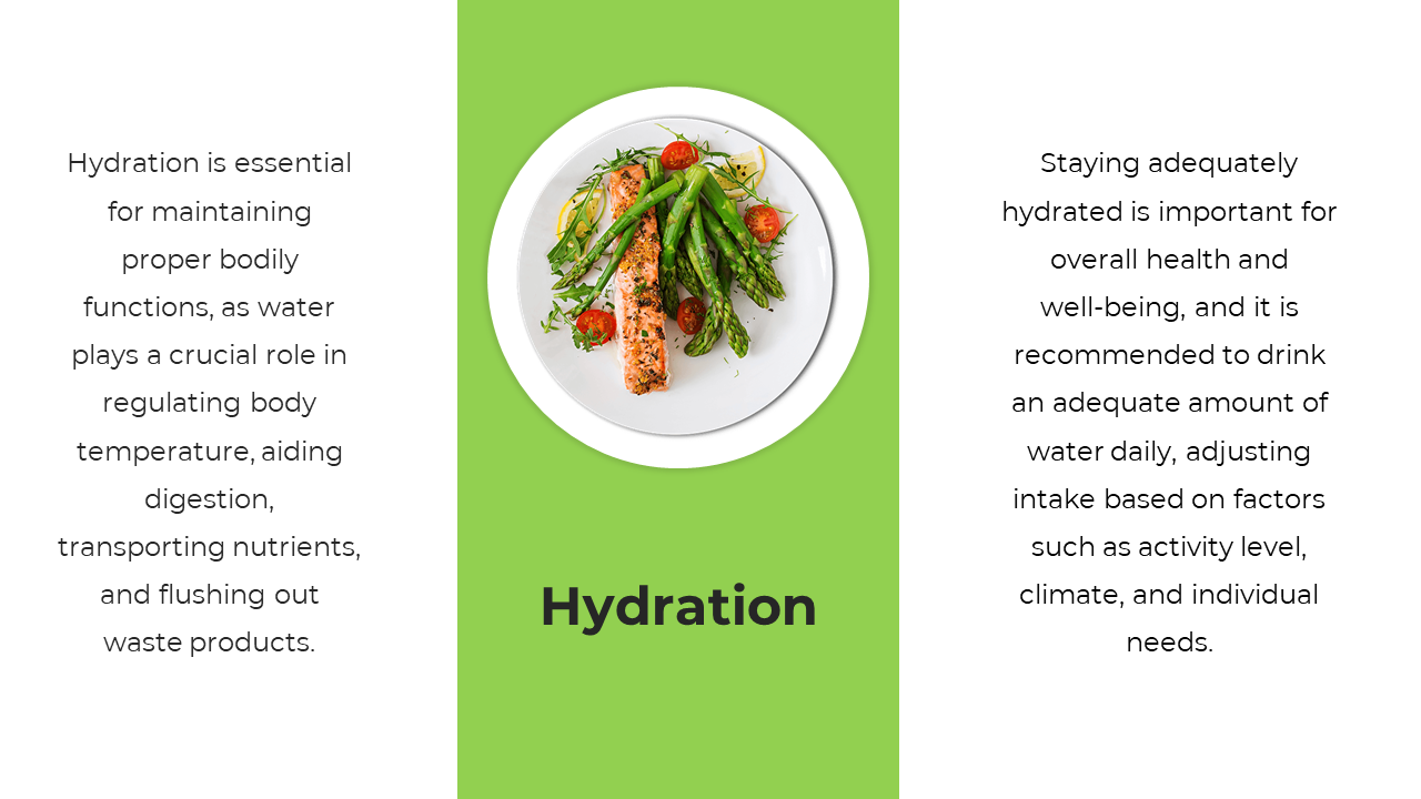 Slide shows white background with a vertical green center panel, featuring round food photo, and text blocks on both sides.