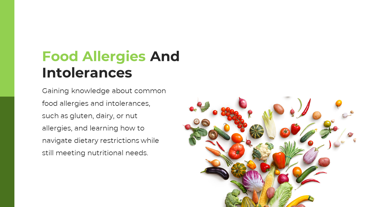 Slide shows a white background with green sidebars on the left, and scattered colorful vegetables on the right.