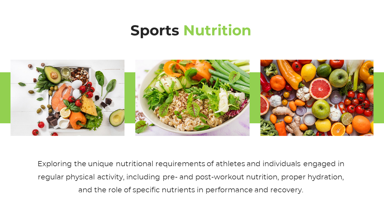 White background layout featuring green side accents, and three colorful rectangular food images horizontally aligned.