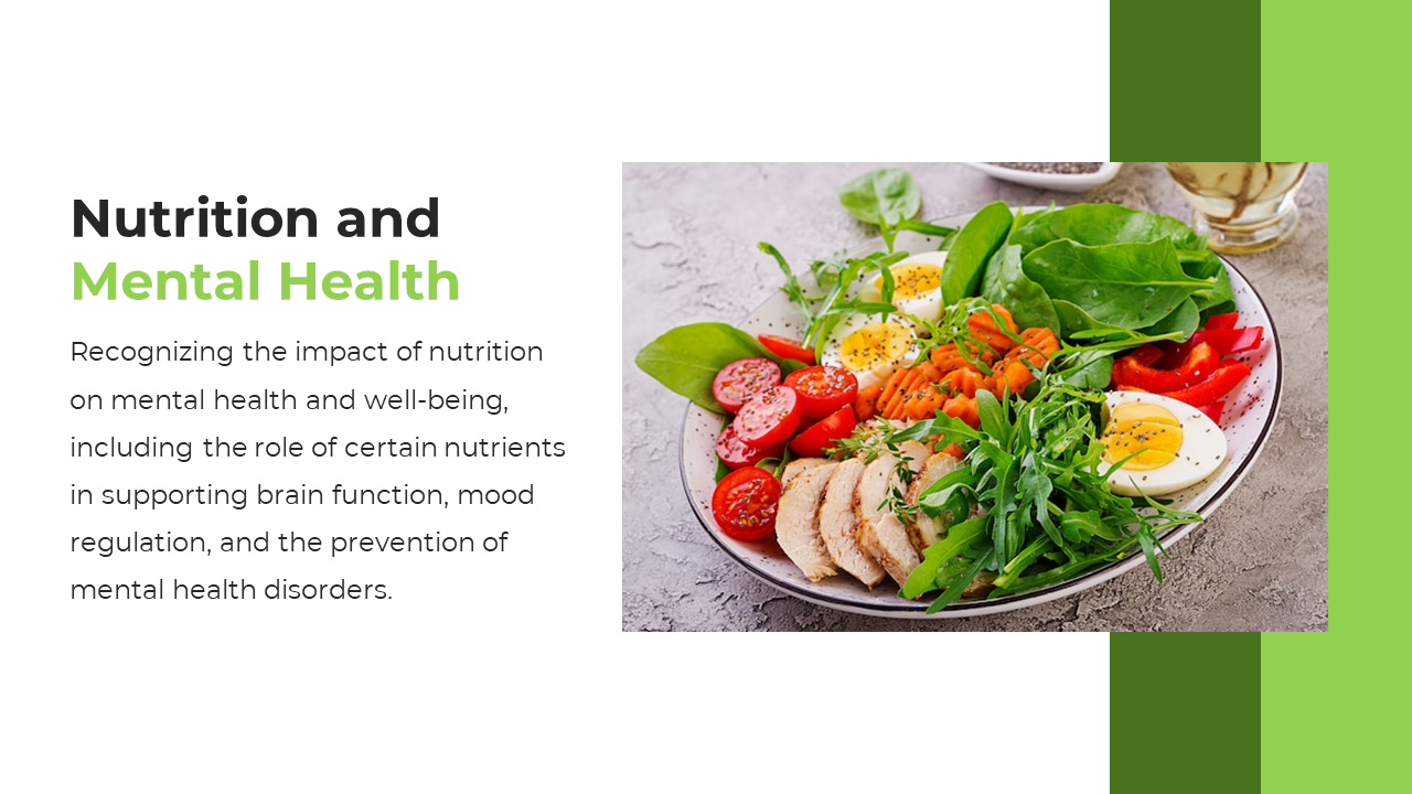 Slide with left aligned text, a plate of colorful salad photo at center, and green vertical bars at right.