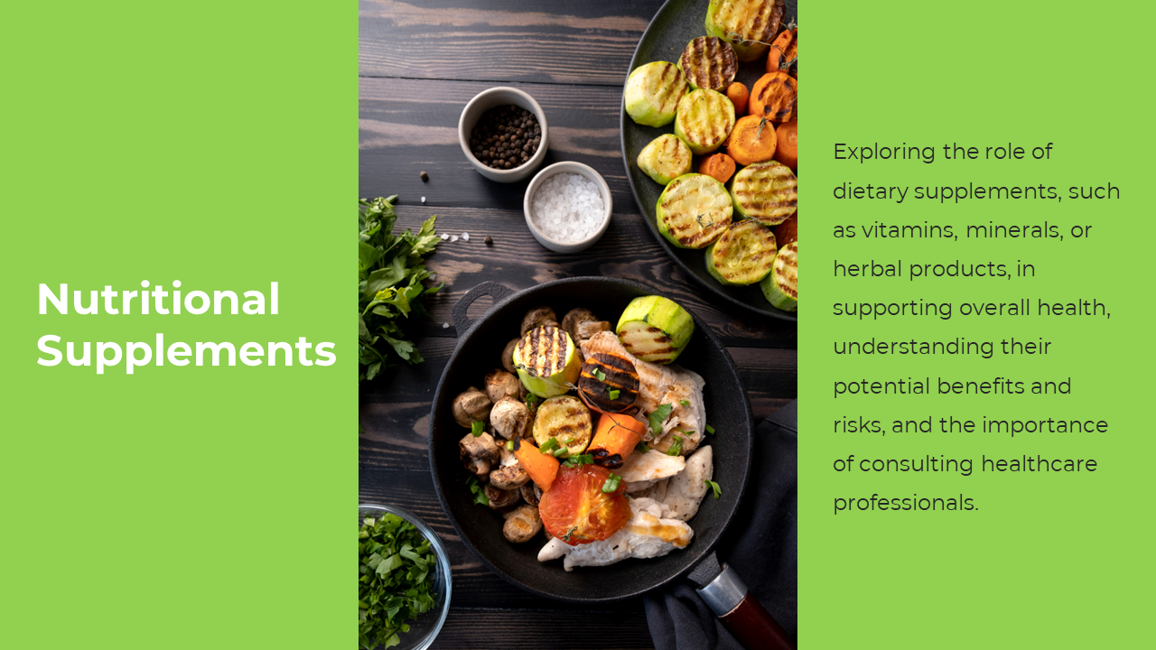 Slide with green side panels, a vertical image of grilled vegetables and herbs in the center, and text on the right.