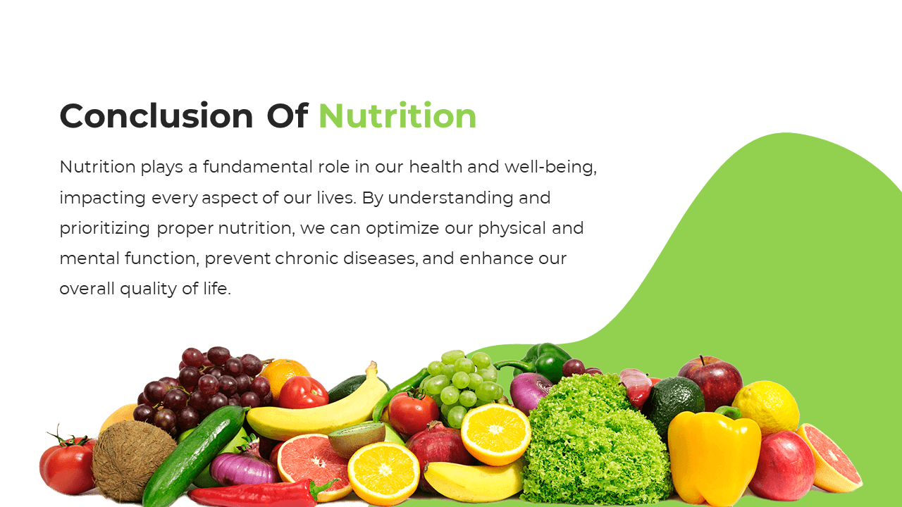 White background layout featuring a light green wave with a row of colorful fruits and vegetablesat the bottom, and text.