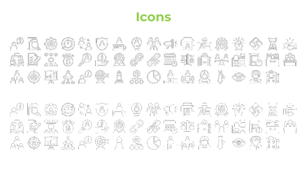 Diverse set of corporate and productivity icons shown in both line and solid formats under green heading.