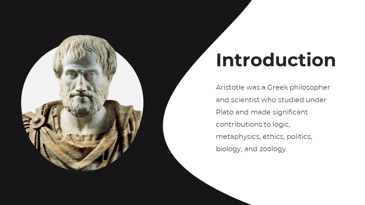 Slide shows a marble bust of a bearded Aristotle inside a white circle, placed against a black background next to bold text.