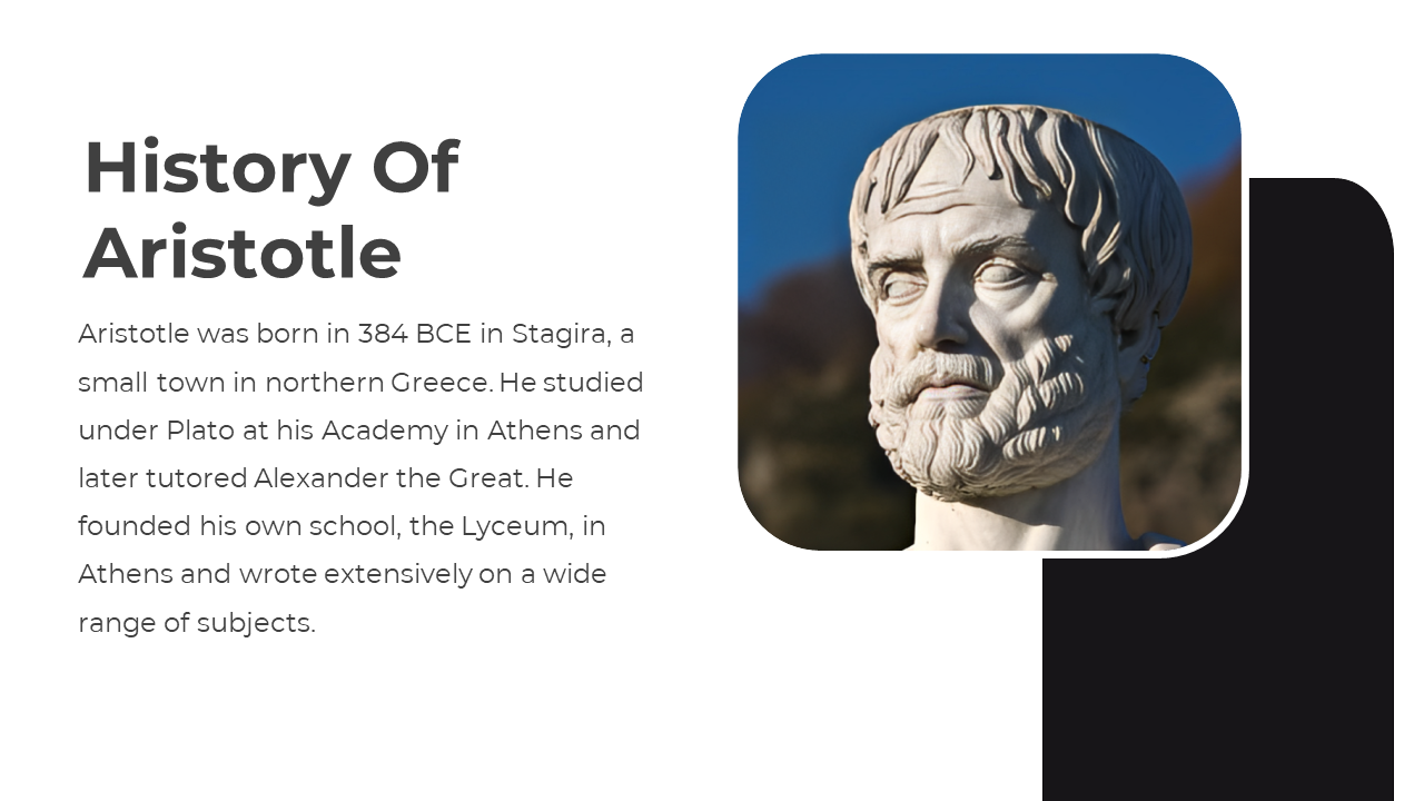 Slide shows a statue of a bearded Aristotle against a blue sky, beside bold heading and text on a white layout.