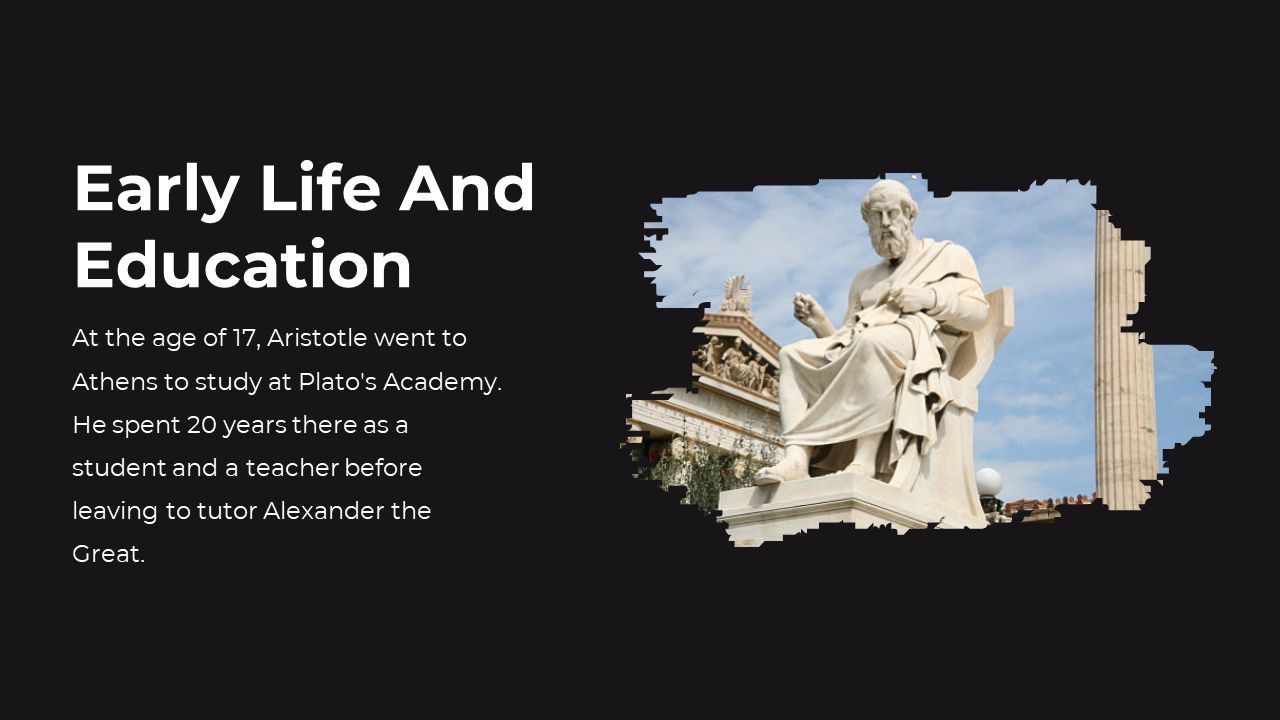 Slide shows a statue of seated Aristotle against a blue sky, placed beside bold white text on a black background layout.
