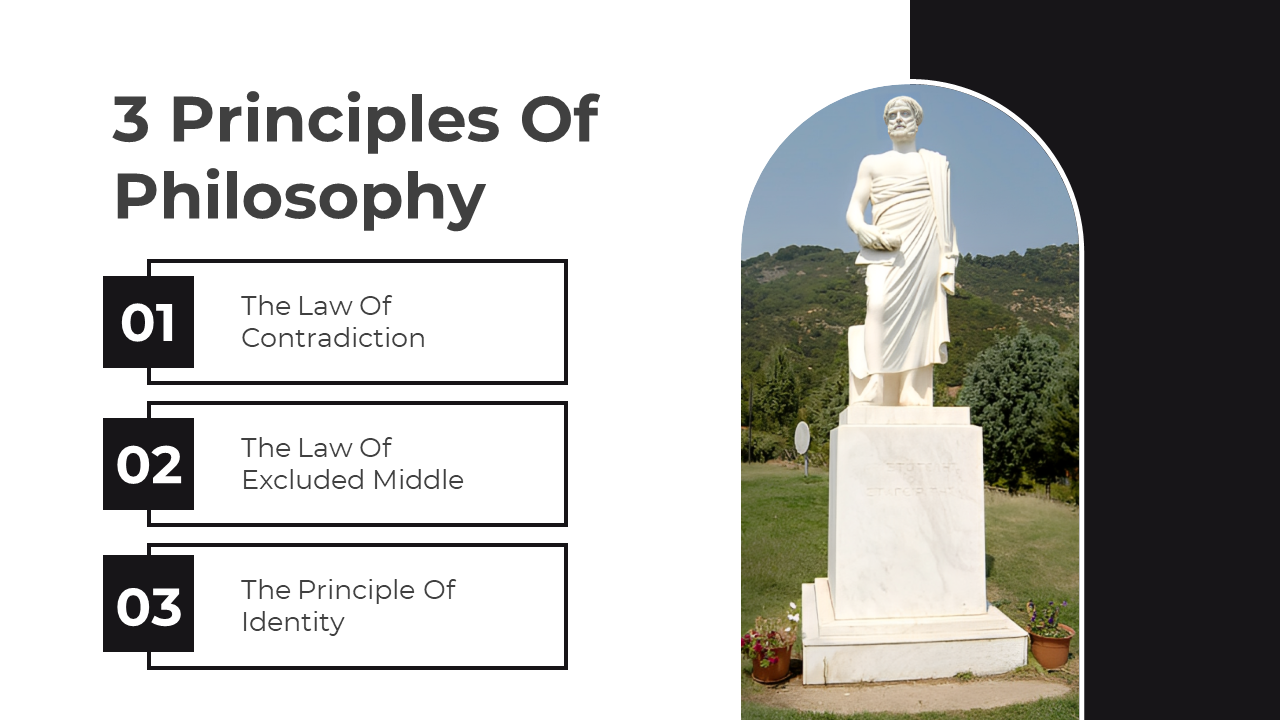 Slide with Aristotle’s statue in an arc frame and three bullet points on the left outlining the key principles of philosophy.