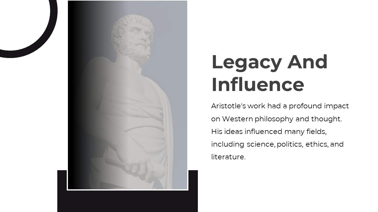 Black and white layout with a large rectangular frame featuring Aristotle’s statue, and text on the right.