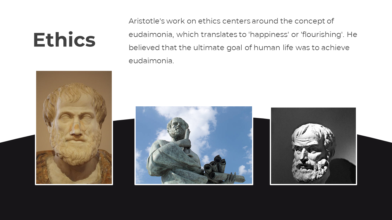 Black and white layout with three images of Aristotle's statues, framed in rectangular sections, and text above.