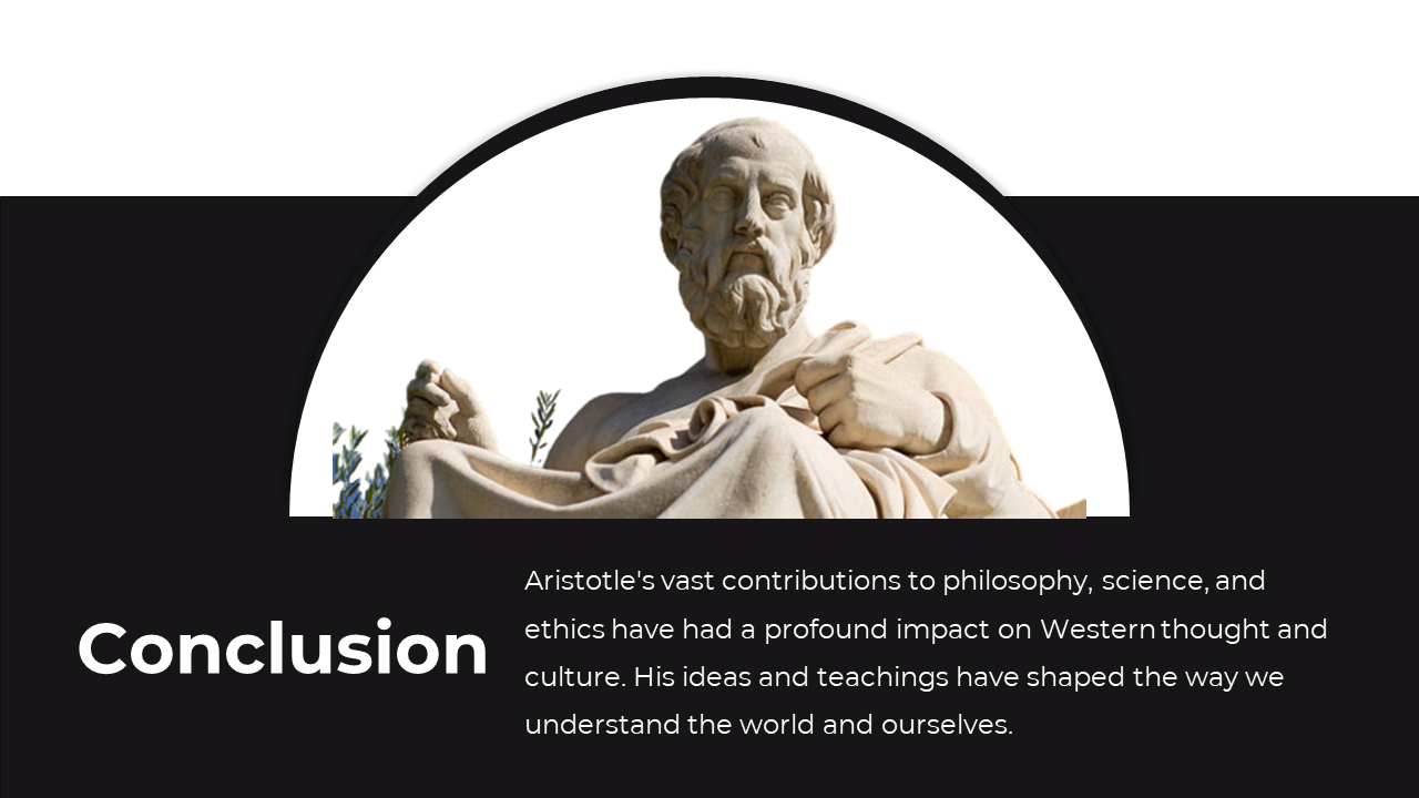 Black and white design featuring a circular image of Aristotle's statue, with conclusion text below.