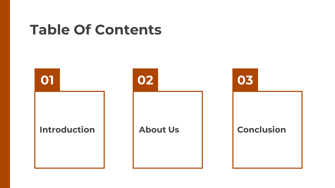 Slide shows three outlined rectangles with brown number tabs on top, spaced horizontally over a white background layout.