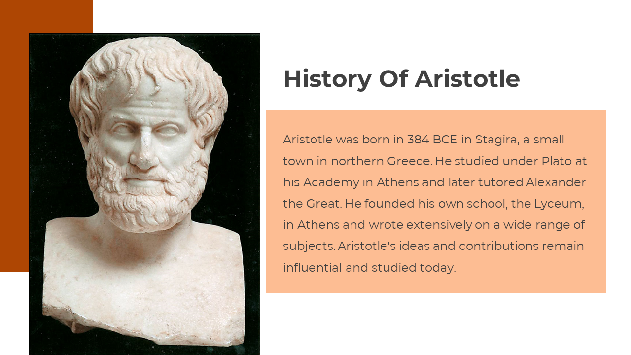 Pale marble bust on black, with a peach rectangle holding dark text and bold heading on a white background.