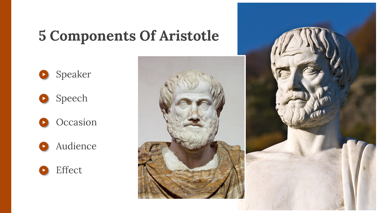 Two marble busts of a bearded man are centered and right aligned, with five text listed vertically on the left.