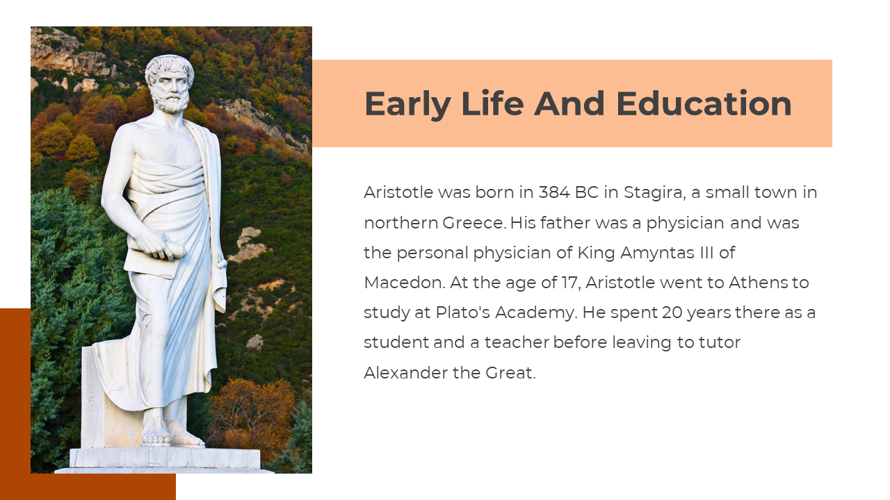 A full body marble statue stands on the left with a forest background, beside a peach title bar and text on a white backdrop.