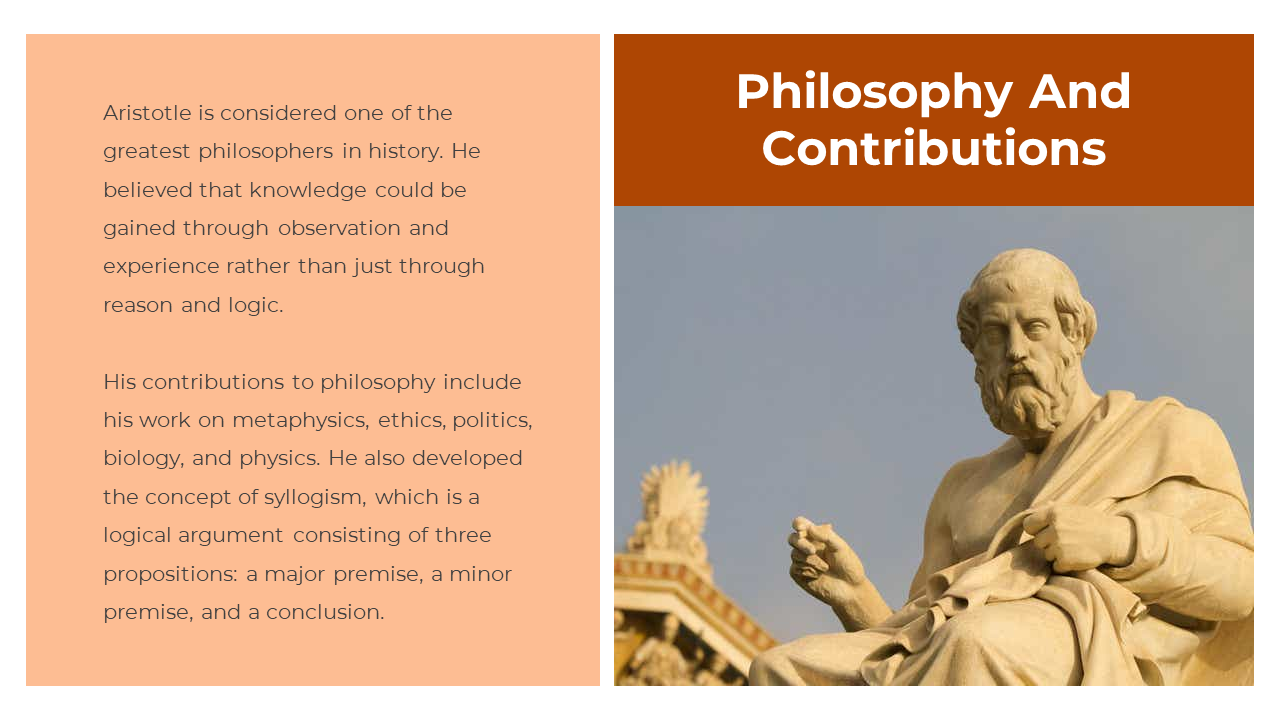 Slide shows a beige statue of a seated man on the right with a rust title bar, beside a peach text block on the left.