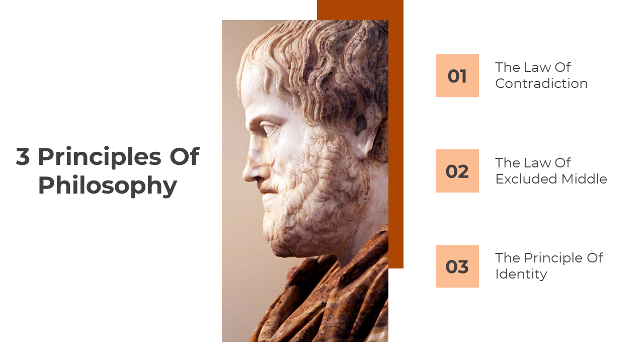 Side profile bust in warm tones is centered, with bold heading on the left and three peach number blocks listed on the right.