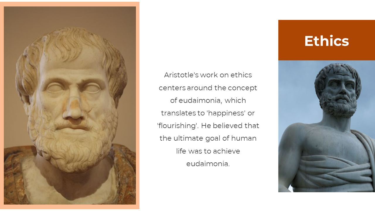 Two marble busts of a bearded man are shown on left and right, with peach and rust headers and centered on a white layout.