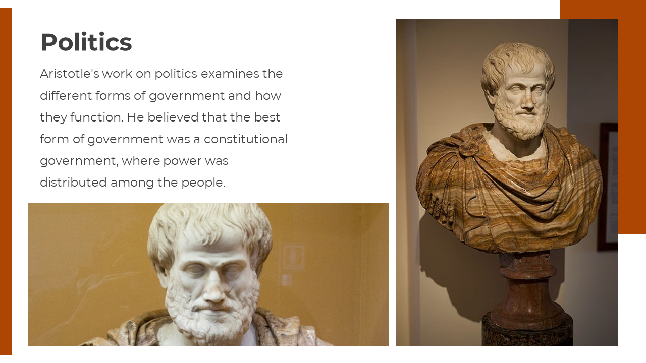 Two marble busts of a bearded man are shown, one on a pedestal at right and another at bottom left, with text.