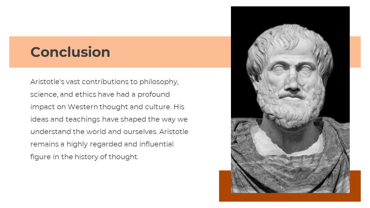 Slide shows a grayscale bust of a bearded Aristotle on the right, with a peach horizontal bar and text below.