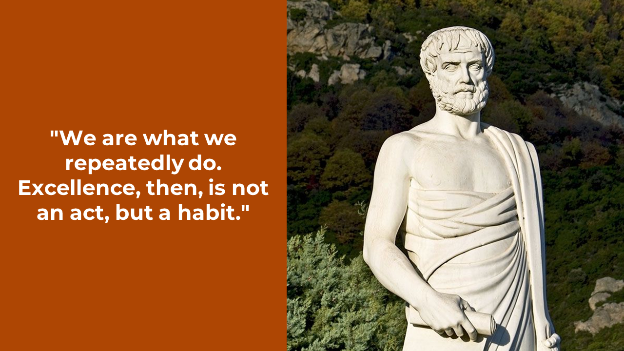 White marble statue of a robed Aristotle stands on the right with a green forest background, beside an orange text panel.