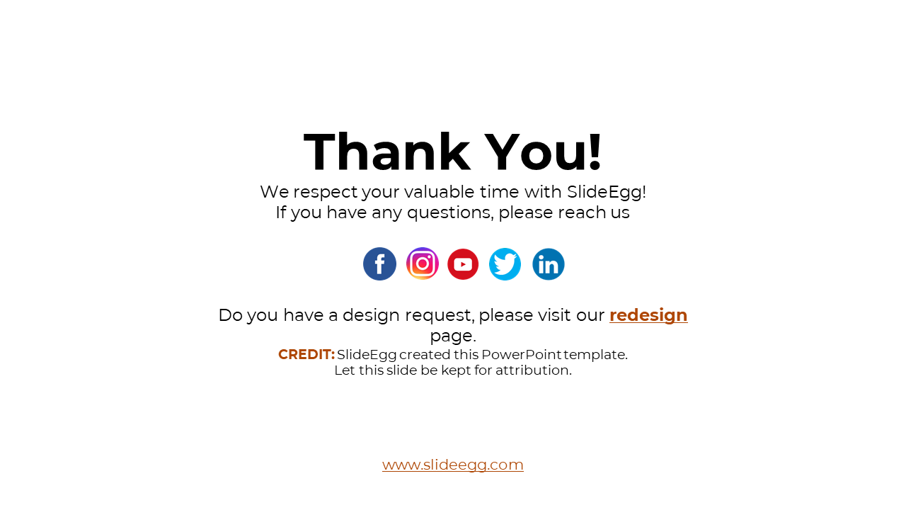 Thank you slide from SlideEgg expressing appreciation and providing contact options via social media icons.