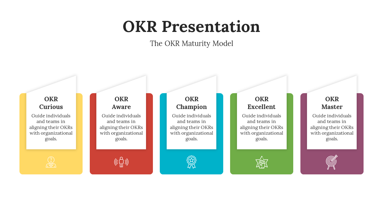 Slide features five rectangular columns in yellow, red, blue, green, and purple, each showing a different OKR level.