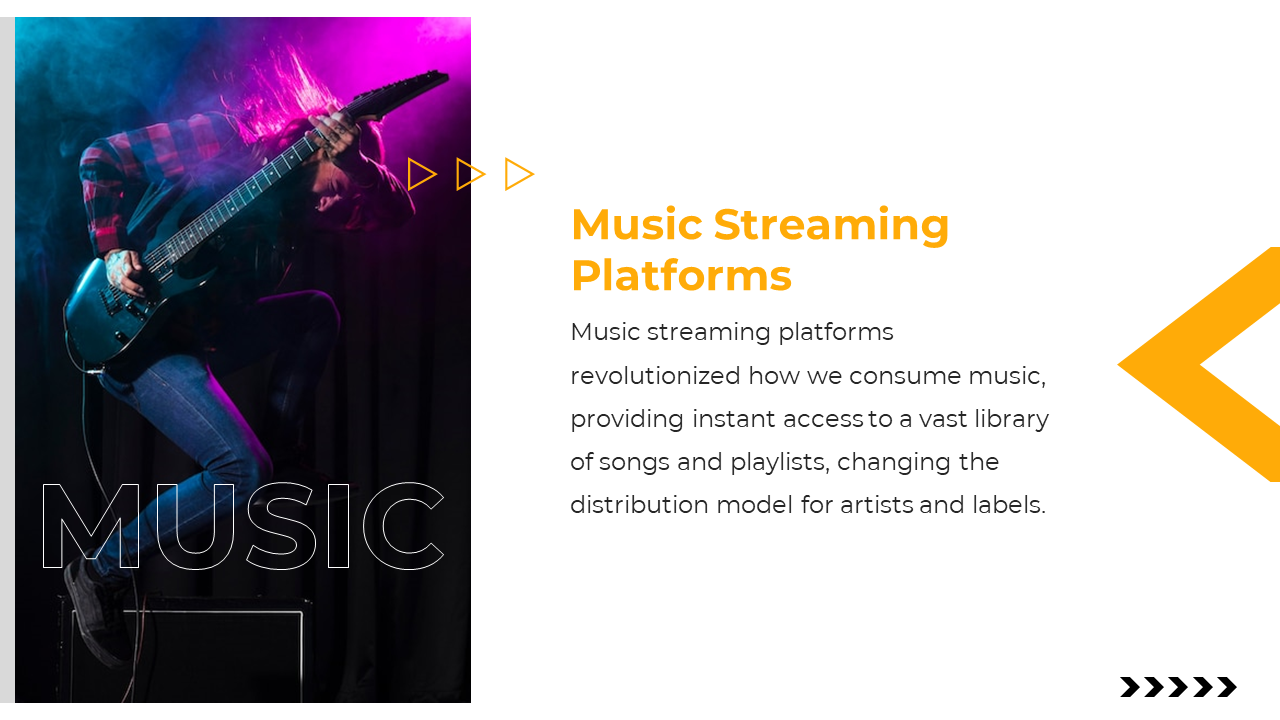 Slide shows a guitarist mid jump in blue and magenta lighting on the left, with orange header and text on a white background.