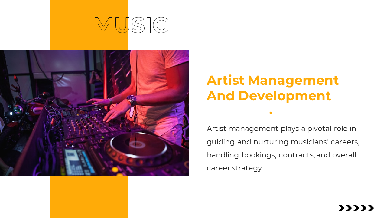 A DJ in pink lighting performs on left beside vertical orange banner, and white background holds text on the right.