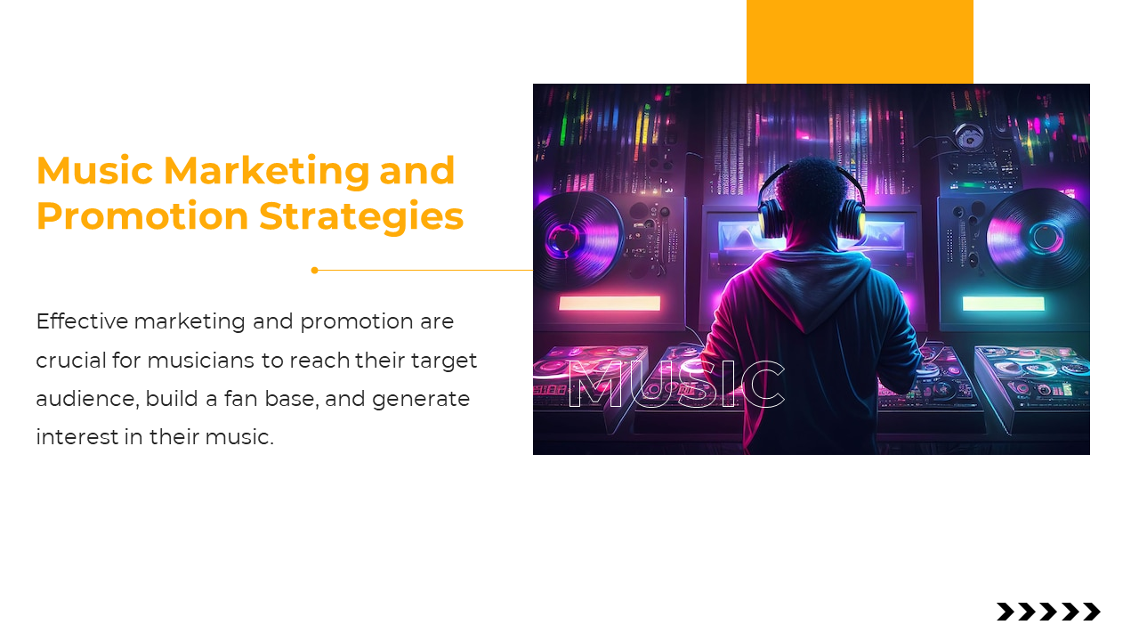 Slide with DJ figure in neon lit studio on right, text on the left, and a horizontal orange bar connecting both sections.